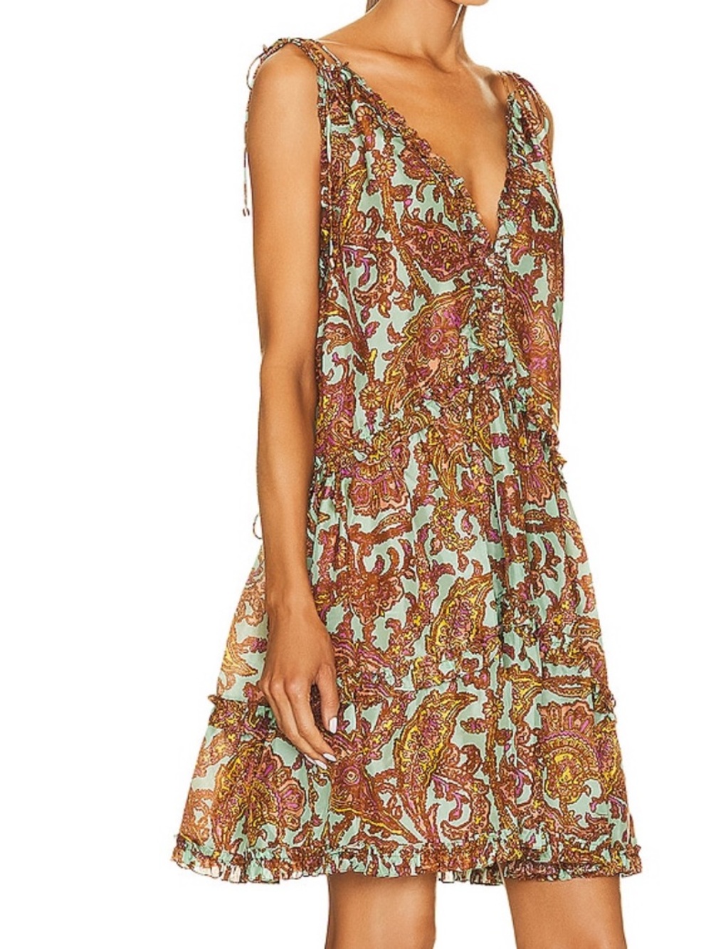 Zimmermann Rust And Aqua Floral Ruffle Silk Tiered Mini Dress